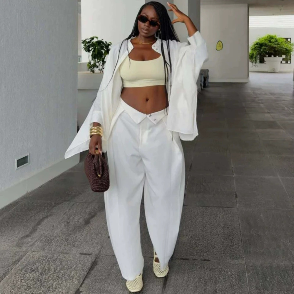 ZARA African Style Plus Size Solid Long Sleeve Cardigan and High Waist Pants Set